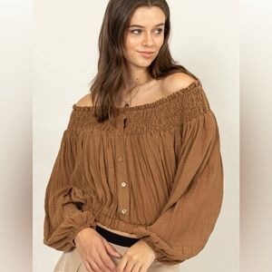Fashionable Boho Off The Shoulder Top in Color Camel